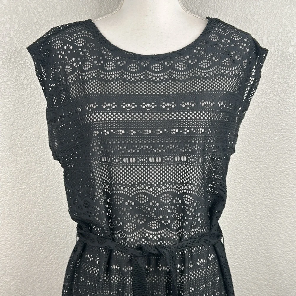 Merona Black Open Mesh Short Sleeve Swimsuit Cover Up with Front Tie Size Medium